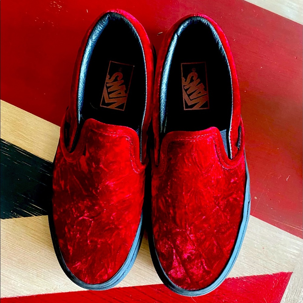 Vans red crush velvet slip-on women’s tennis shoes